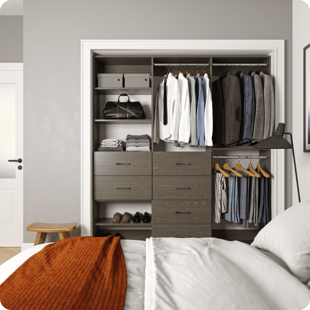 grey Alto reach-in closet featuring hanging, open shelving, & 6 drawers