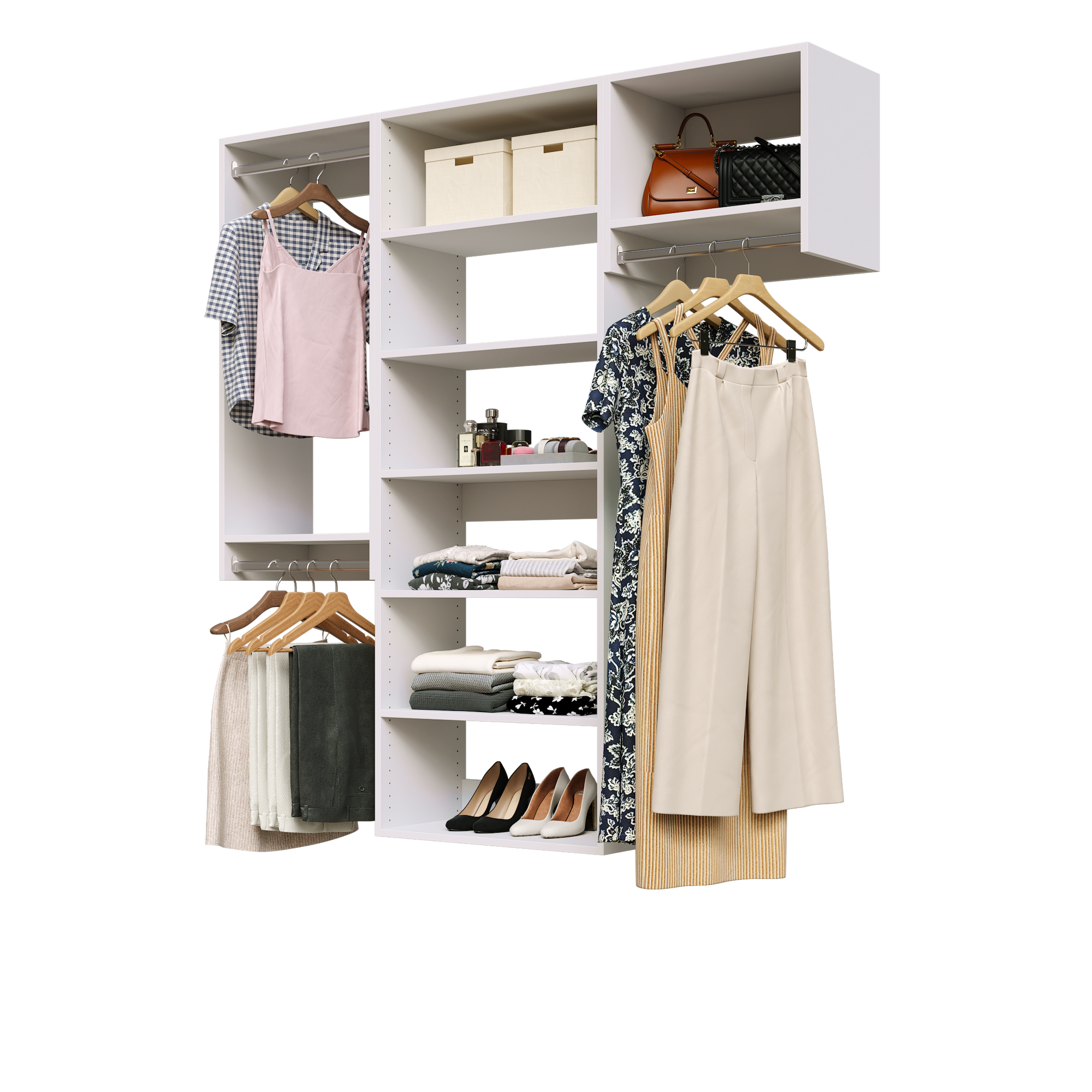 White 64.5-inch Vista Total Closet Kit with a shelf tower, double hanging, and tall hanging