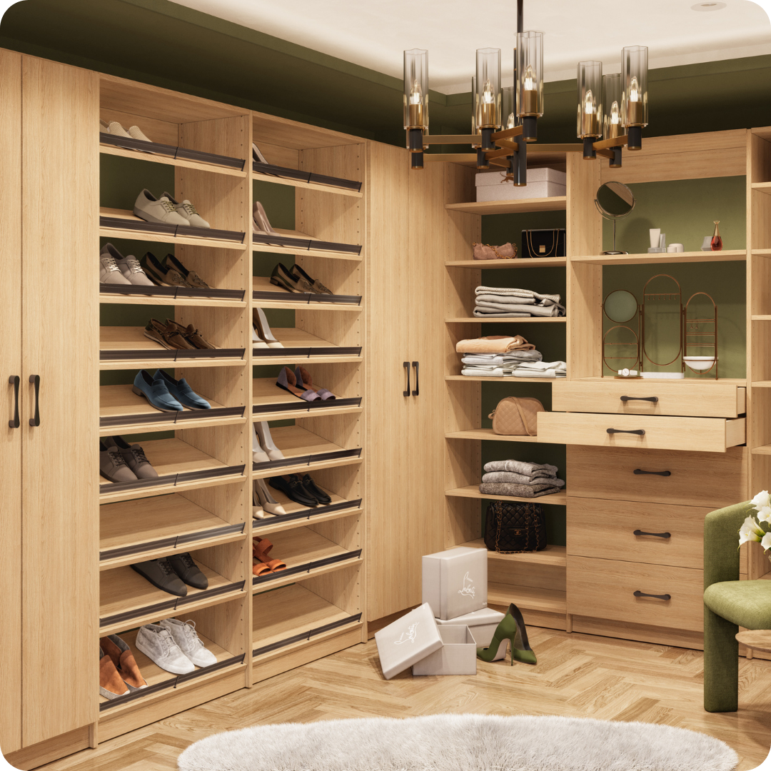 Large Natural Oak Alto walk-in featuring a slanted shoe wall, shelving, full doors, & a drawer chest