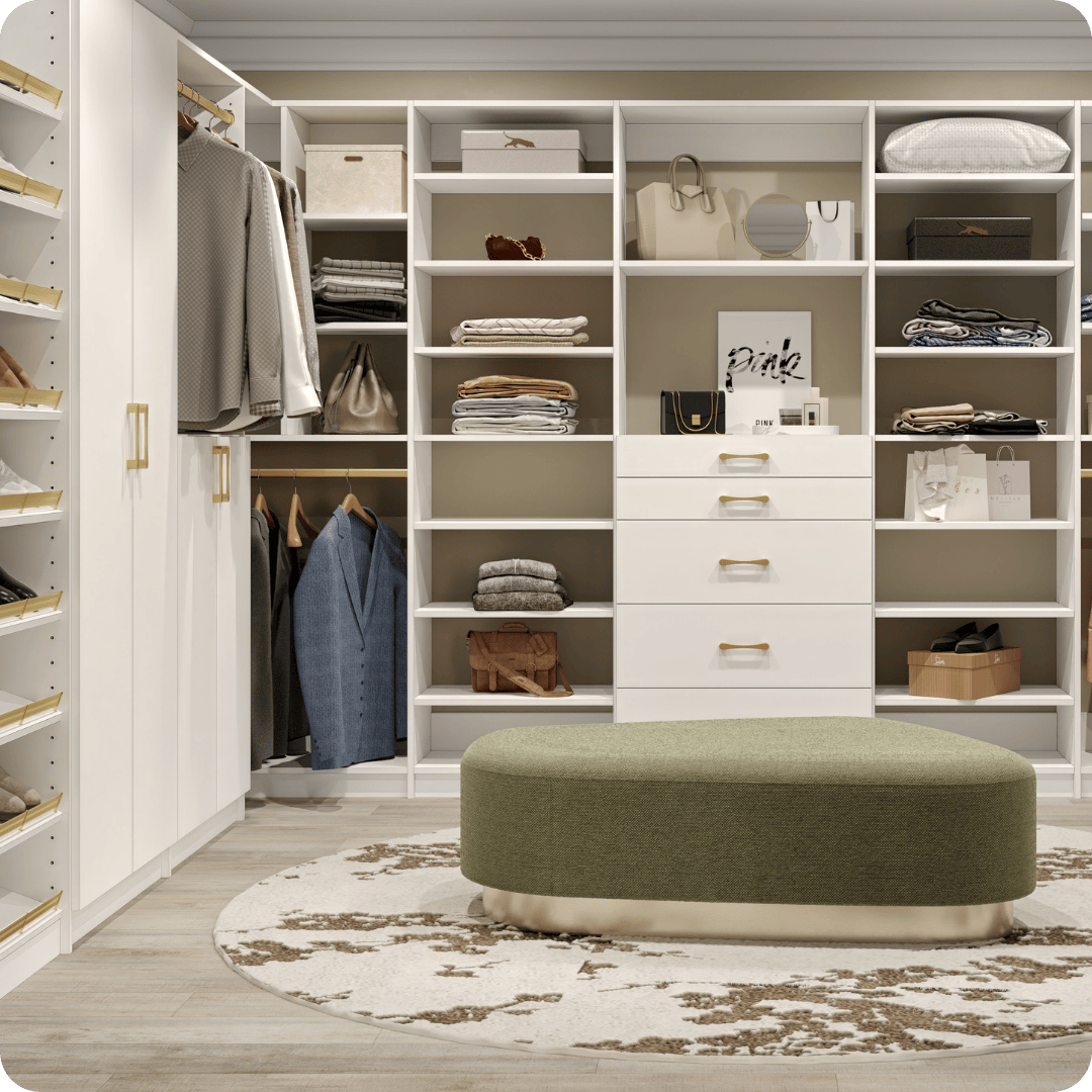 white Alto walk-in with full & 1/2-length doors, slanted shoe shelves, & a drawer chest