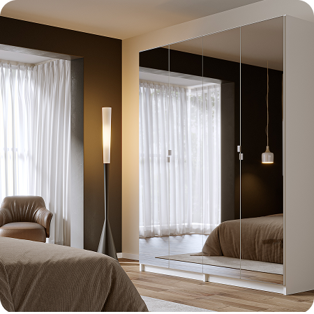 White reach-in wardrobe with 4 full-length mirrored doors & minimalist silver knobs in a modern bedroom