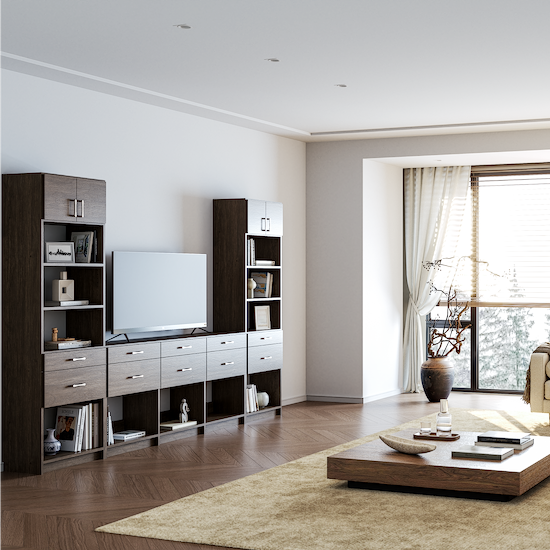 living room media center with drawers & open shelving