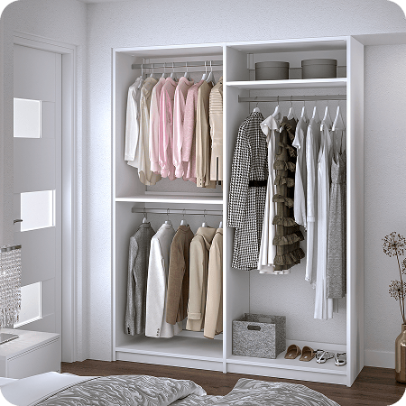 Compact white reach-in wardrobe with double hanging rods for shirts & a dedicated long-hang section for dresses below a single shelf