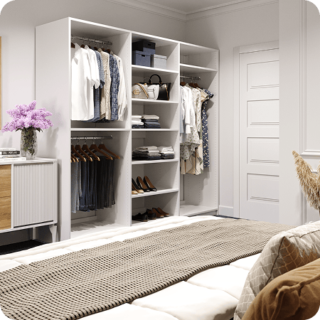 Open white reach-in wardrobe featuring double and full-length sections & a center shelving tower in bedroom corner