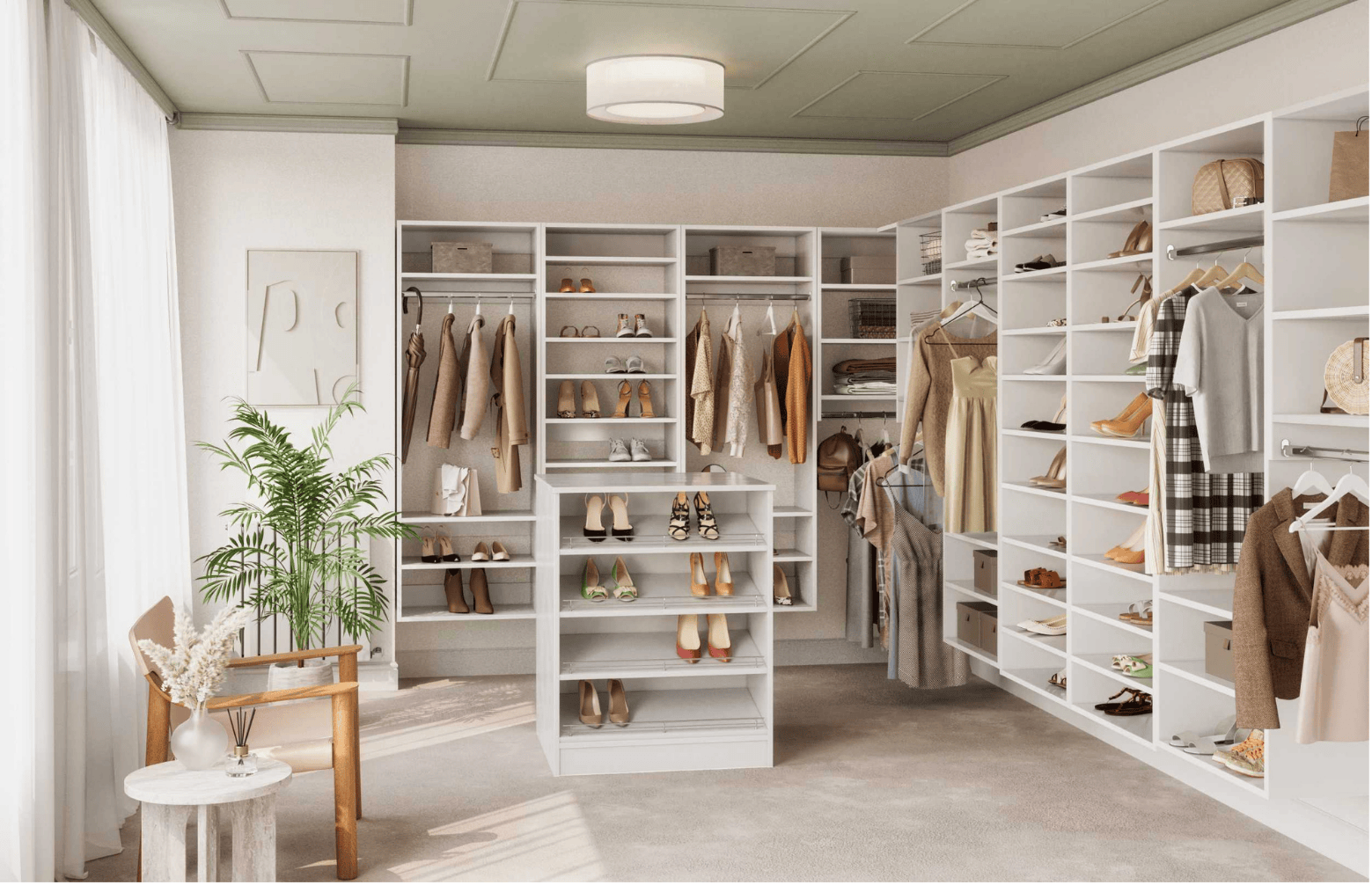 Large white Vista closet with open shelving, standard & full-length hanging, & a center closet island with shoe shelves