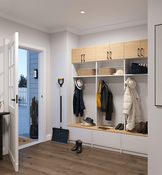 White & Natural Oak Mudroom closet near front door