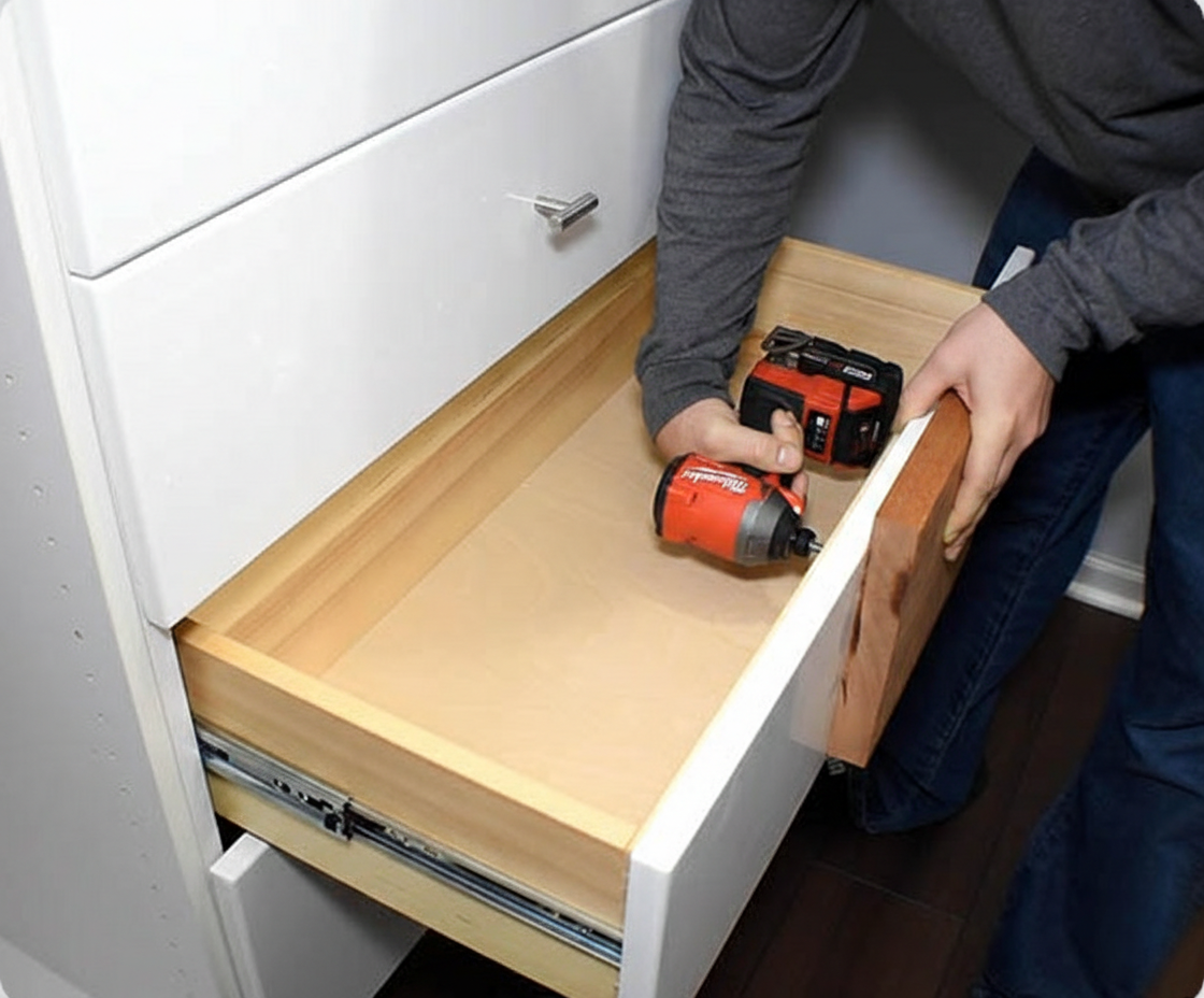 installation of a white drawer front