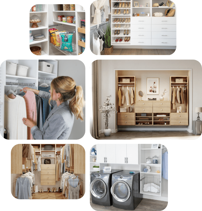 Collage showing various storage solutions including pantries, walk-ins, and laundry room closets.