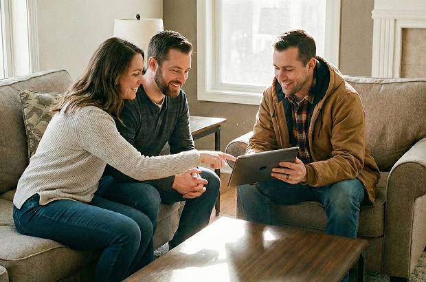Three people smiling while reviewing a custom closet design on a tablet