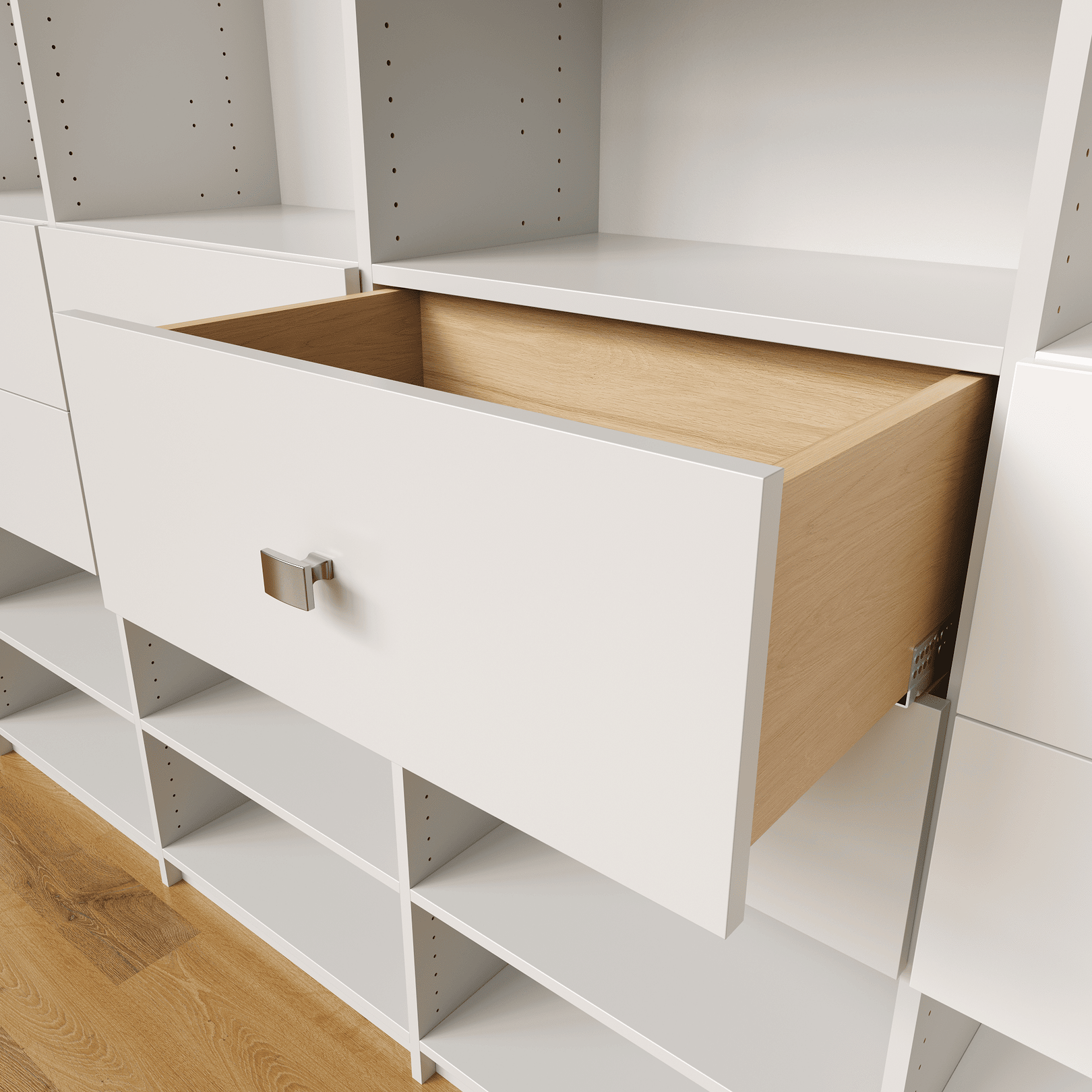 Open white drawer with soft-close slide mechanism