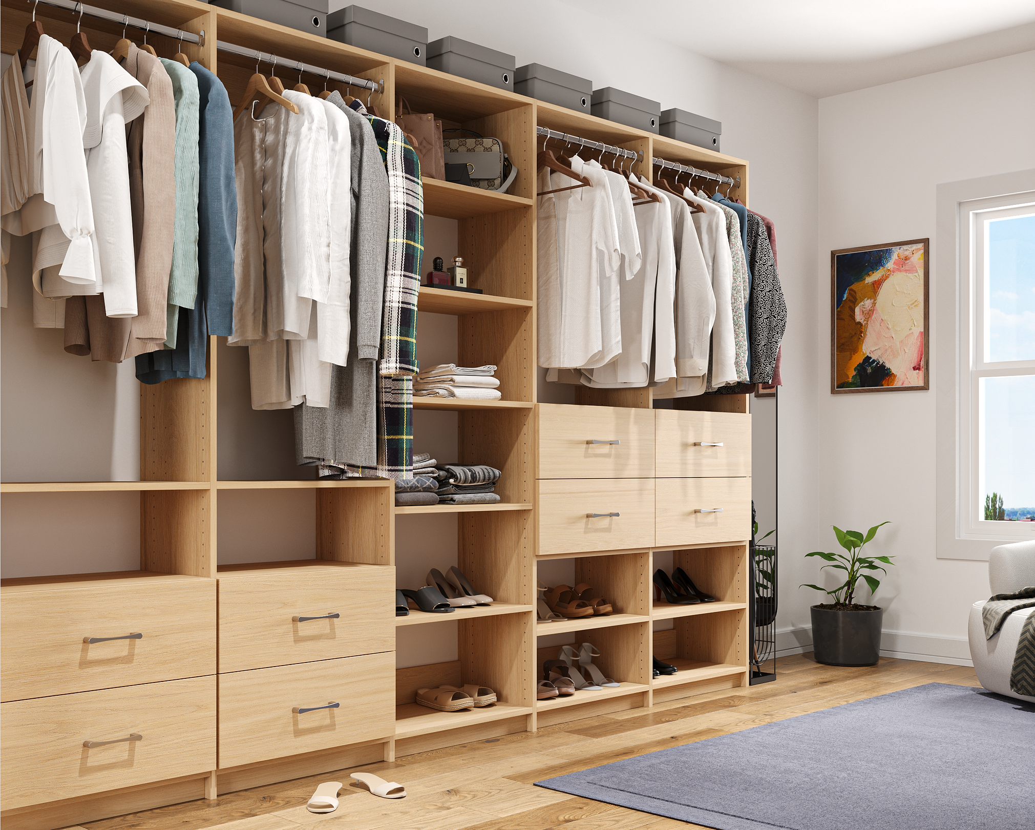 Natural Oak Alto closet featuring hanging, shelving, & deep drawers