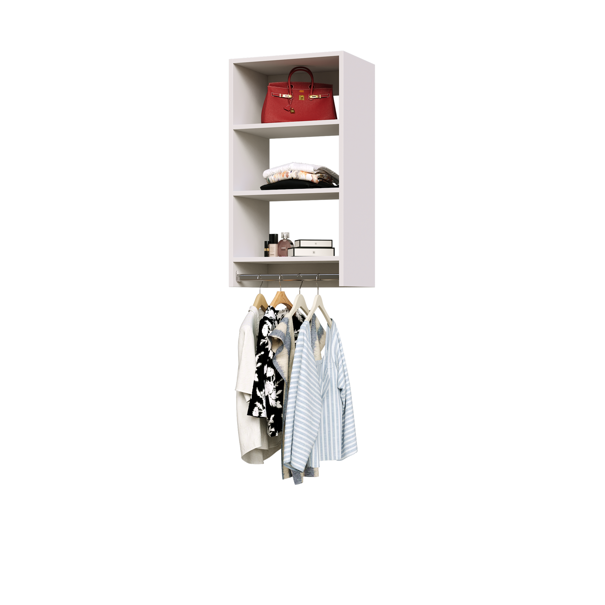 White medium hanging closet with three upper shelves and a hanging rod below for closet organization.