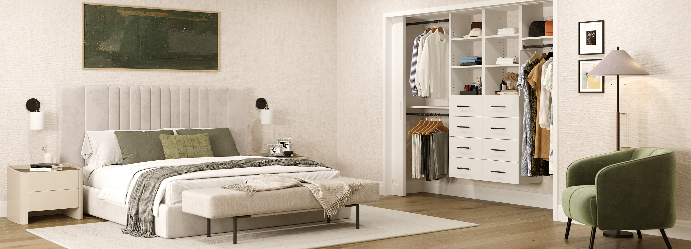 Wide bedroom view: reach-in white Vista closet with Double Hanging, Tall Hanging, and 2 4-Drawer Shelf Modules with props