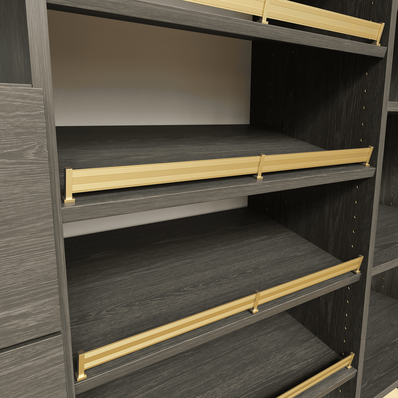 installed shoe shelves with brass rails