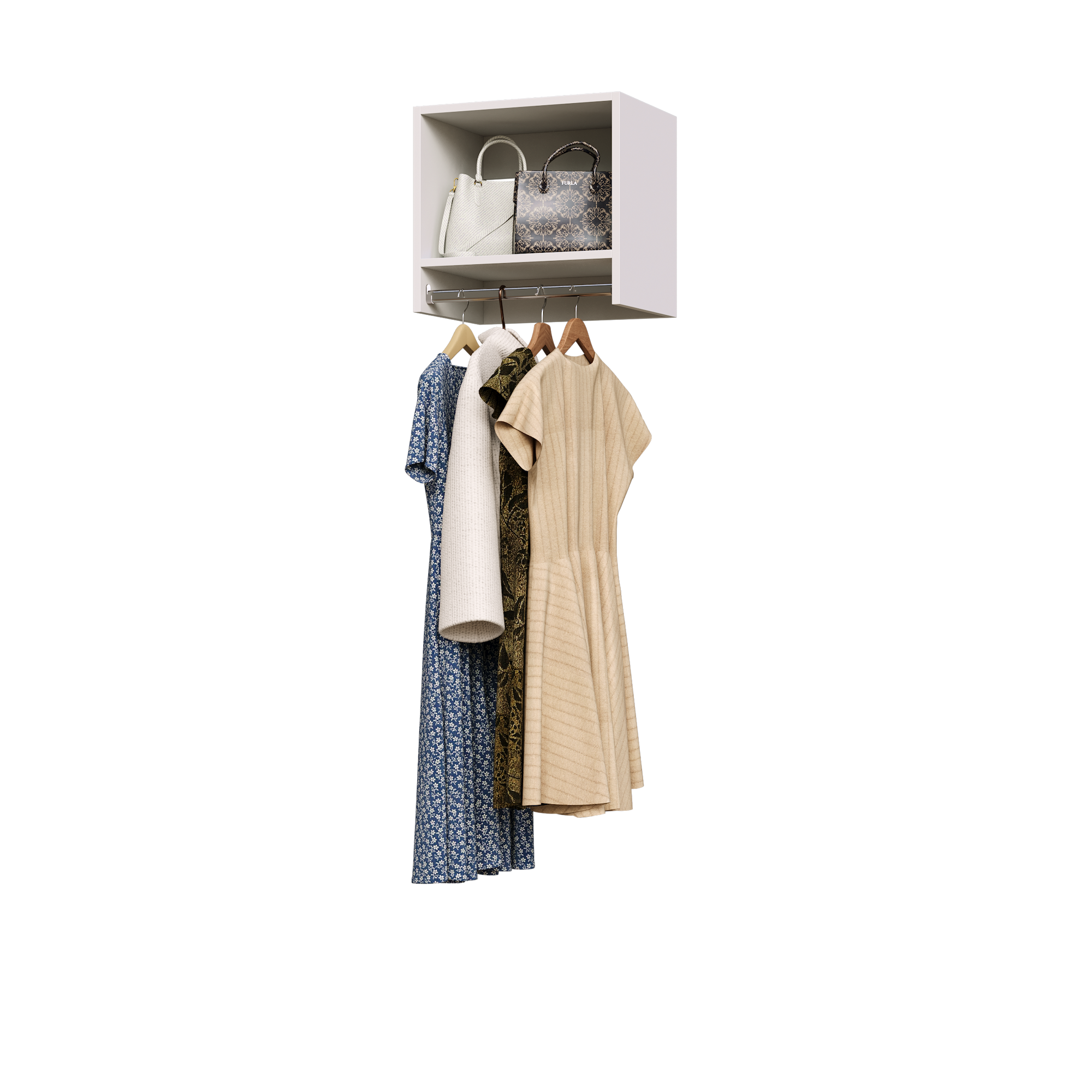 White 18 inch tall hanging closet organizer for long garment storage.