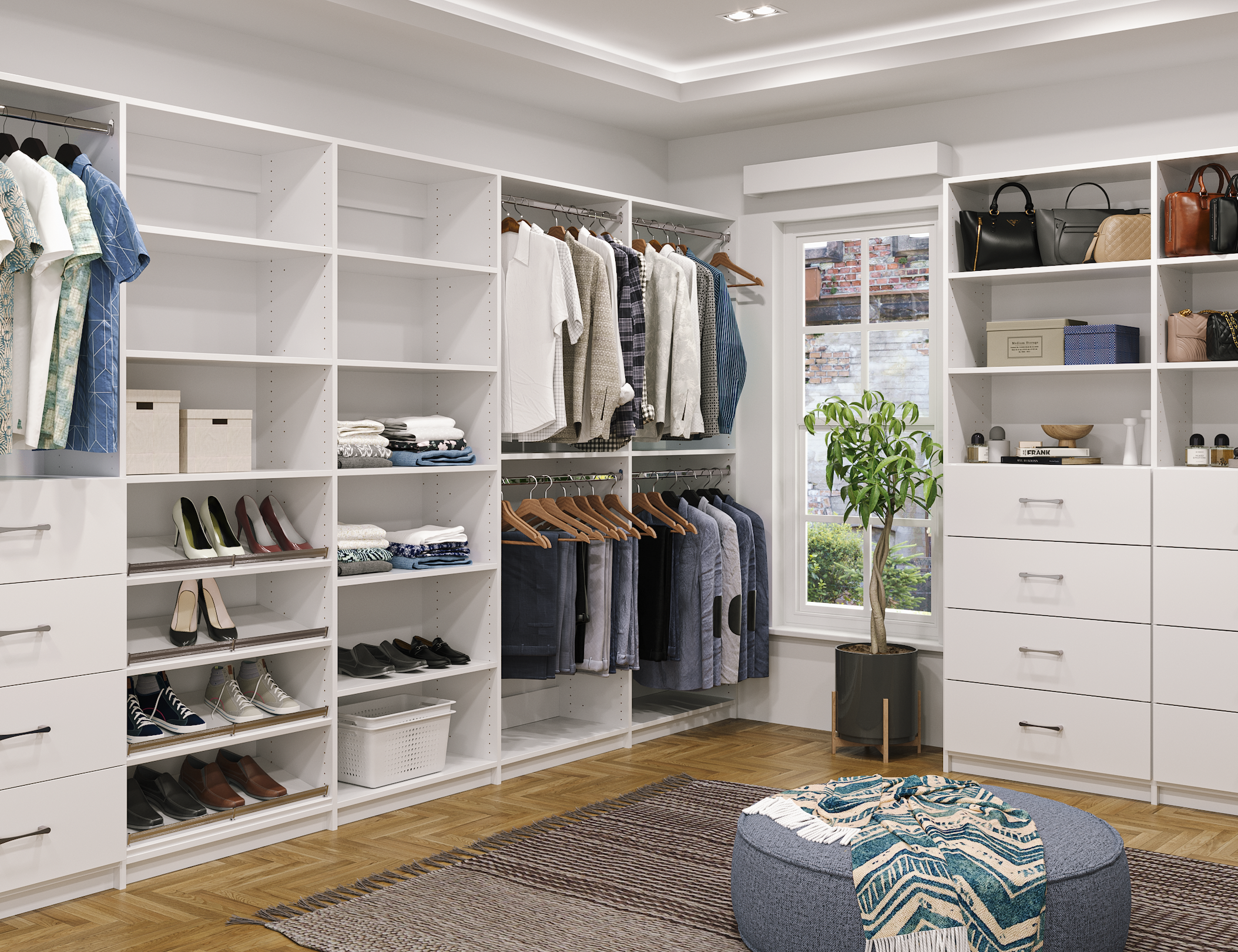 white Alto walk-in closet with hanging, shelving, & deep drawers