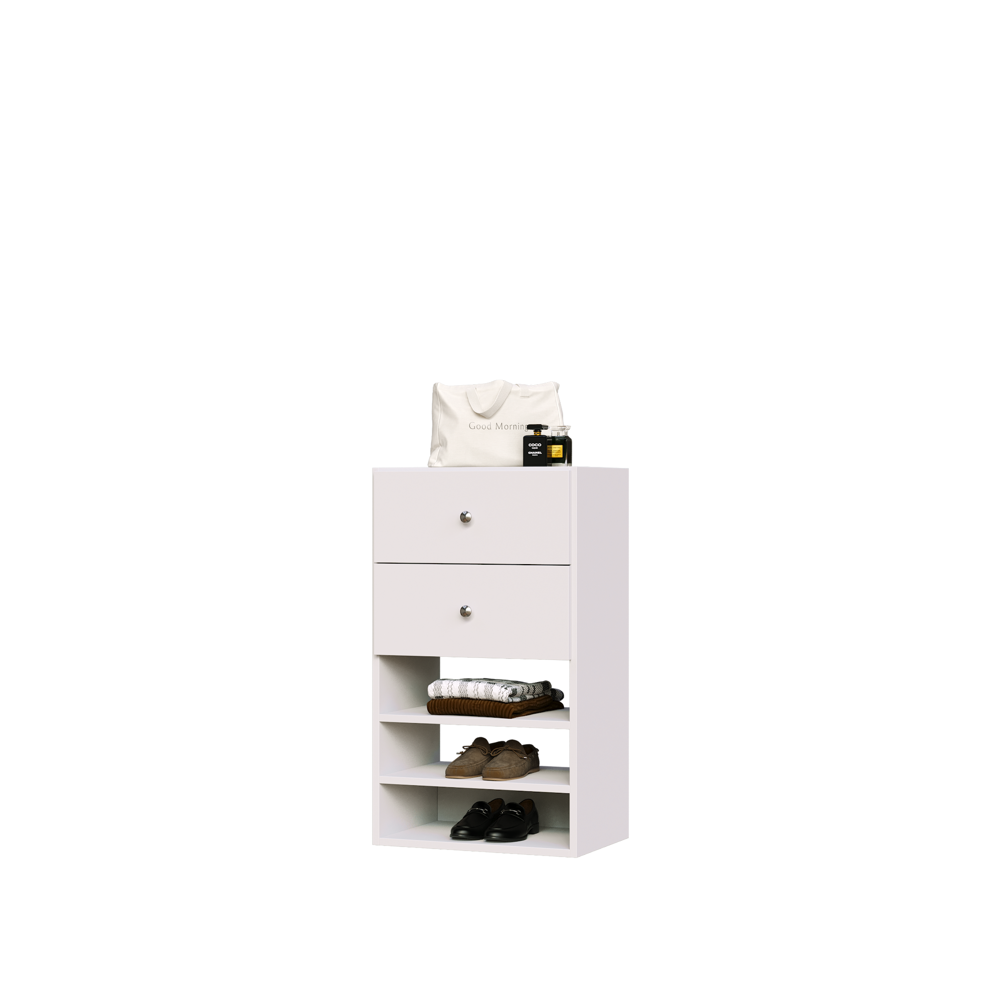 White closet drawer cabinet with slab fronts and shelves for jewelry and wardrobe storage.