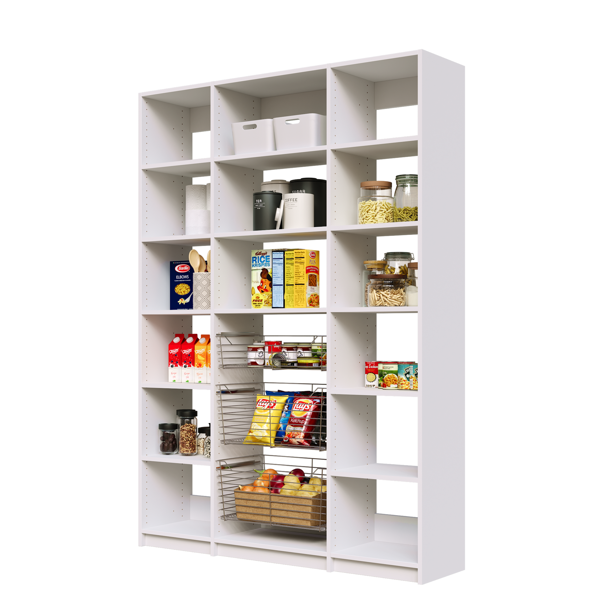 White 60 inch pantry storage with three sliding wire baskets and adjustable shelving.