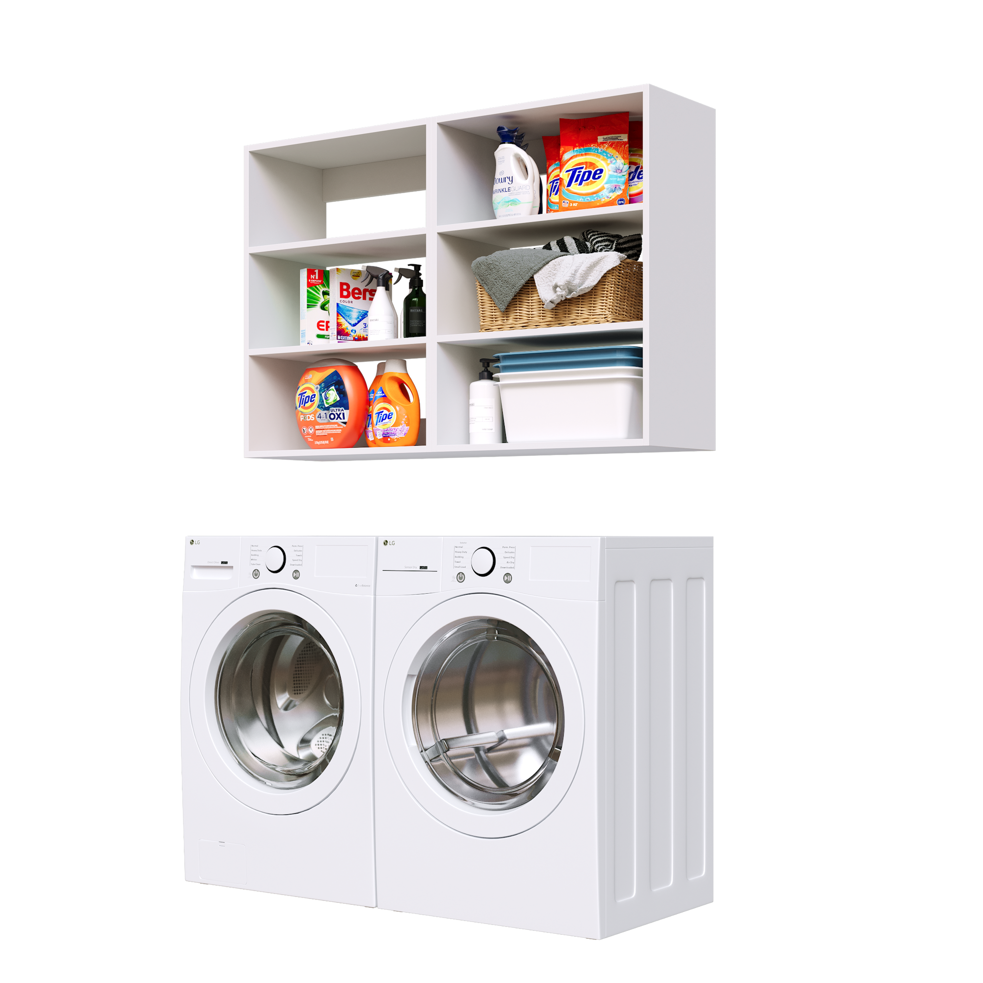 White Basic Laundry Kit featuring open overhead shelving designed for efficient laundry room organization. No