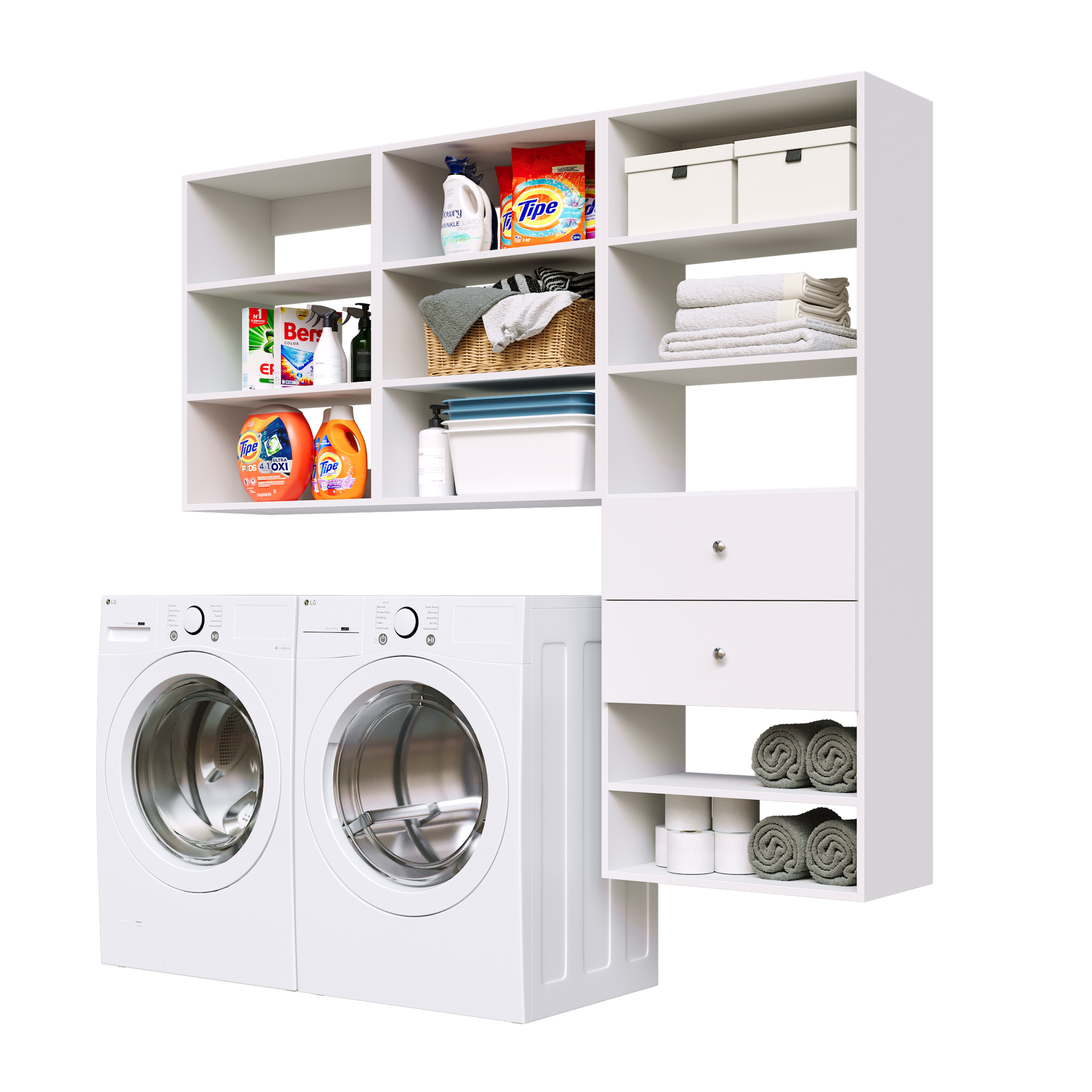 White Choice Laundry Kit featuring a shelf tower with two drawers and upper storage shelves for utility room storage.