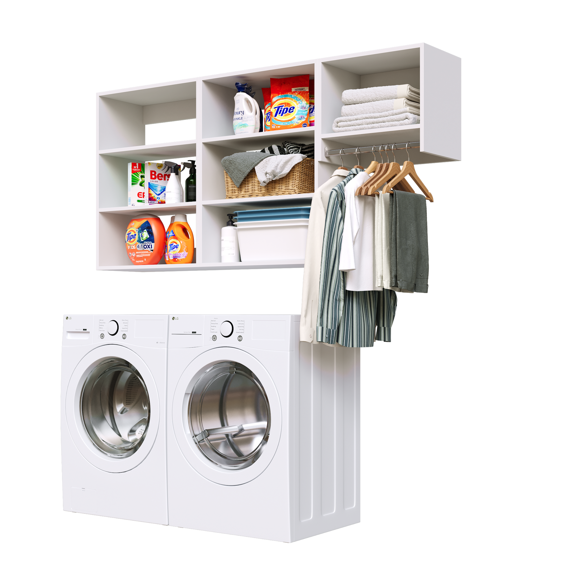 White Classic Laundry Kit featuring a clothes hanging rod and upper storage shelves for overhead laundry storage.
