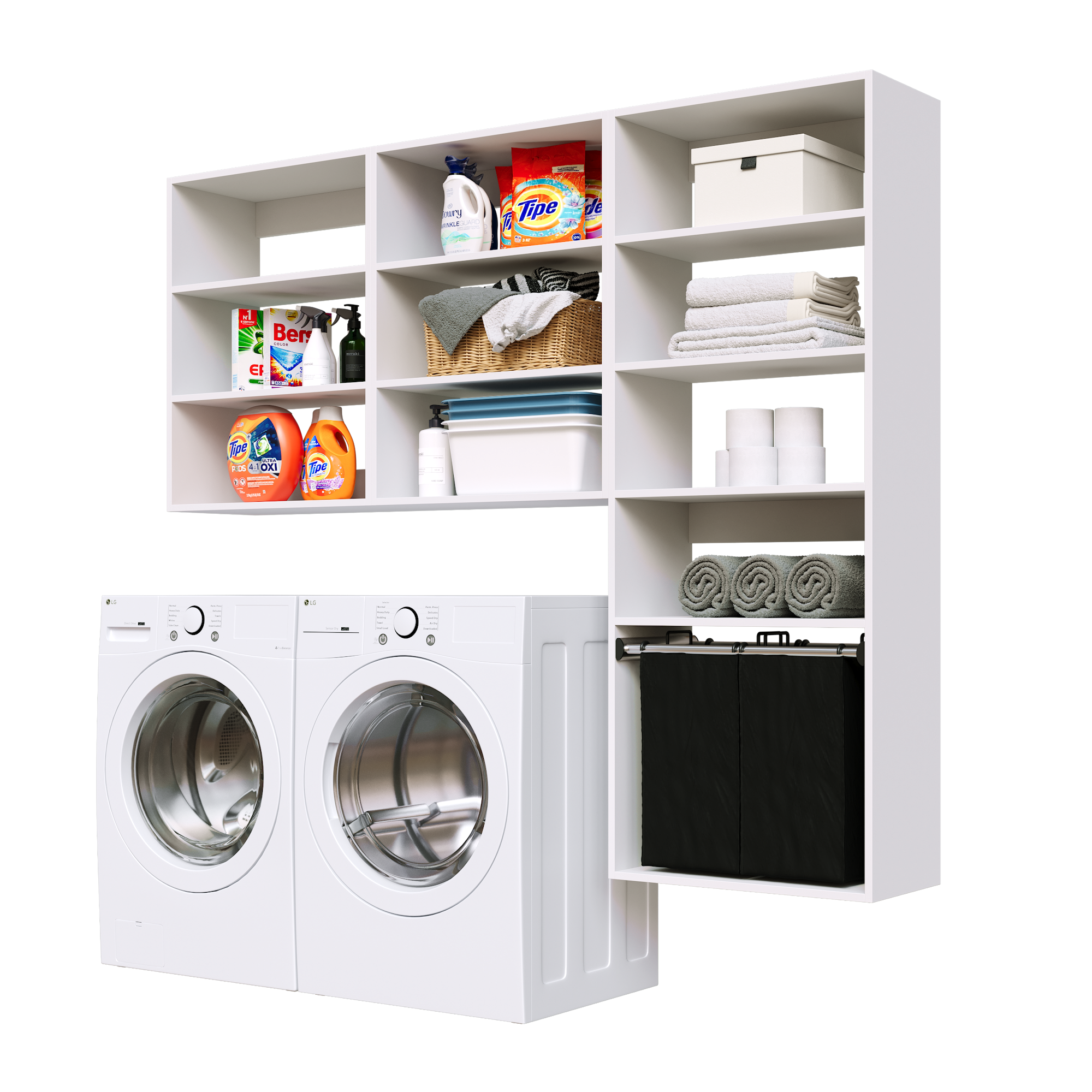 White Select Laundry Kit featuring a shelf tower with a pull-out hamper for laundry room organization.