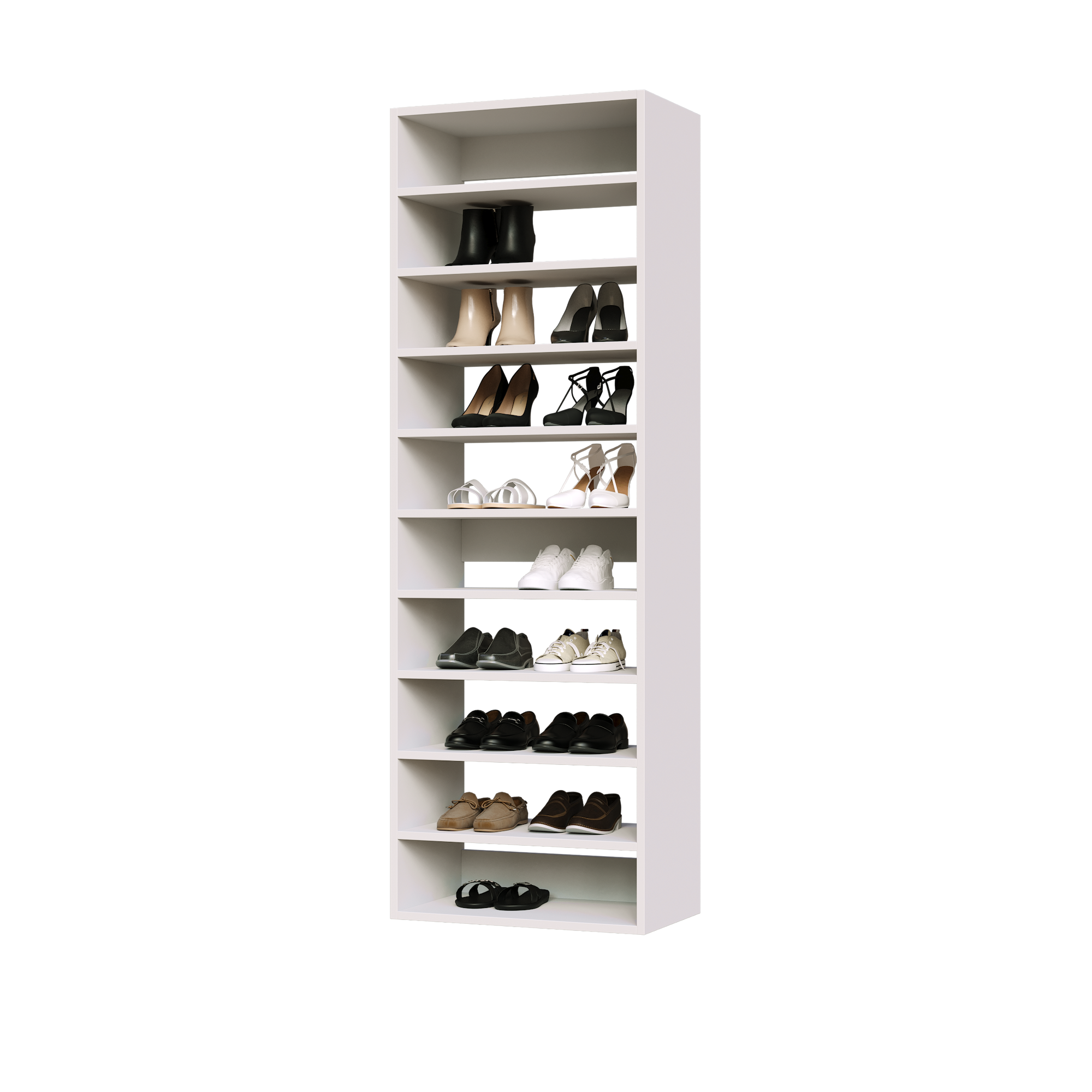 White shoe tower with 10 straight shelves for organized sneaker storage in a narrow reach-in closet.
