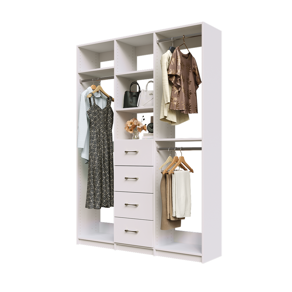 White Ultimate closet organizer 60 inch with drawers, shelving and space-saving long hanging storage