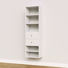 White slab 2-drawer closet shelf tower module with five open shelves and two deep drawers for built-in closet systems.