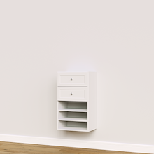 White shaker built-in closet drawer tower with shelves for custom wardrobe storage.