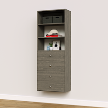 Grey slab drawer tower, 25.5 inches wide, perfect for bedroom closet storage