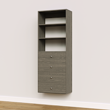 Grey slab drawer tower, 25.5 inches wide, ideal for small apartment closets