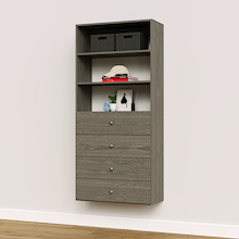 Grey slab drawer tower, 31.5 inches wide, ideal for everyday closet storage