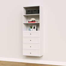 25.5 inch white shaker drawer tower designed for closet shelving and drawer storage