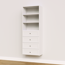 White shaker drawer tower, 25.5 inches wide, great for space-saving closet storage