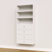 White shaker drawer tower, 31.5 inches wide, perfect for closet shelving and drawer storage