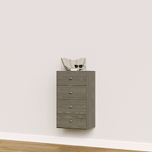 Grey closet drawers with slab fronts for folded clothing, t-shirts, and activewear.