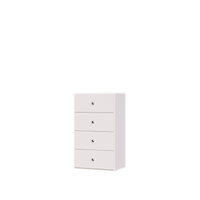 White closet drawers with slab fronts for reach-in folded clothing storage.