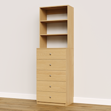 Natural oak built-in closet drawer cabinet with slab fronts for folded clothing and wardrobe storage.