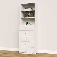 White closet storage drawers with slab fronts for folded clothes, sweaters, and wardrobe storage.