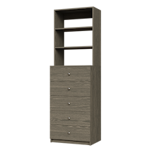 Grey closet drawers with slab fronts for folded clothing, t-shirts, and activewear.