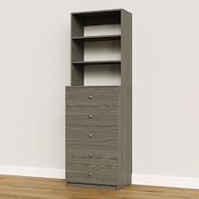 Grey closet drawer system with slab fronts for space-saving folded clothes.
