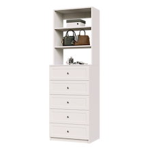 White shaker closet drawer cabinet with decorative fronts for dresser in closet storage.