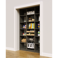 Modern grey 54 inch reach in pantry shelving highlighting the dual wood drawer and wire basket sections.