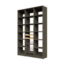 Two wood pull-out drawers and two pull-out wire baskets in a 54 inch grey reach in pantry.