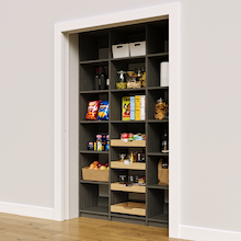 Modern grey 54 inch reach in pantry shelving for kitchen storage.