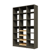 Four wood pull-out drawers in 54 inch grey reach in pantry.
