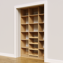 Four wood pull-out drawers in 54 inch natural oak pantry.