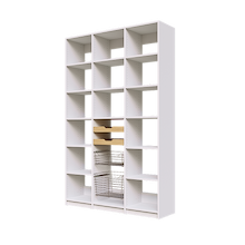 Two wood pull-out drawers and two pull-out wire baskets in 54 inch white pantry shelving.