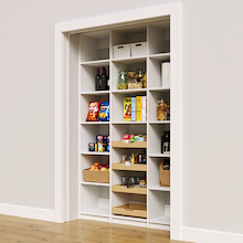 White 54 inch reach in pantry featuring four sliding wood drawers.